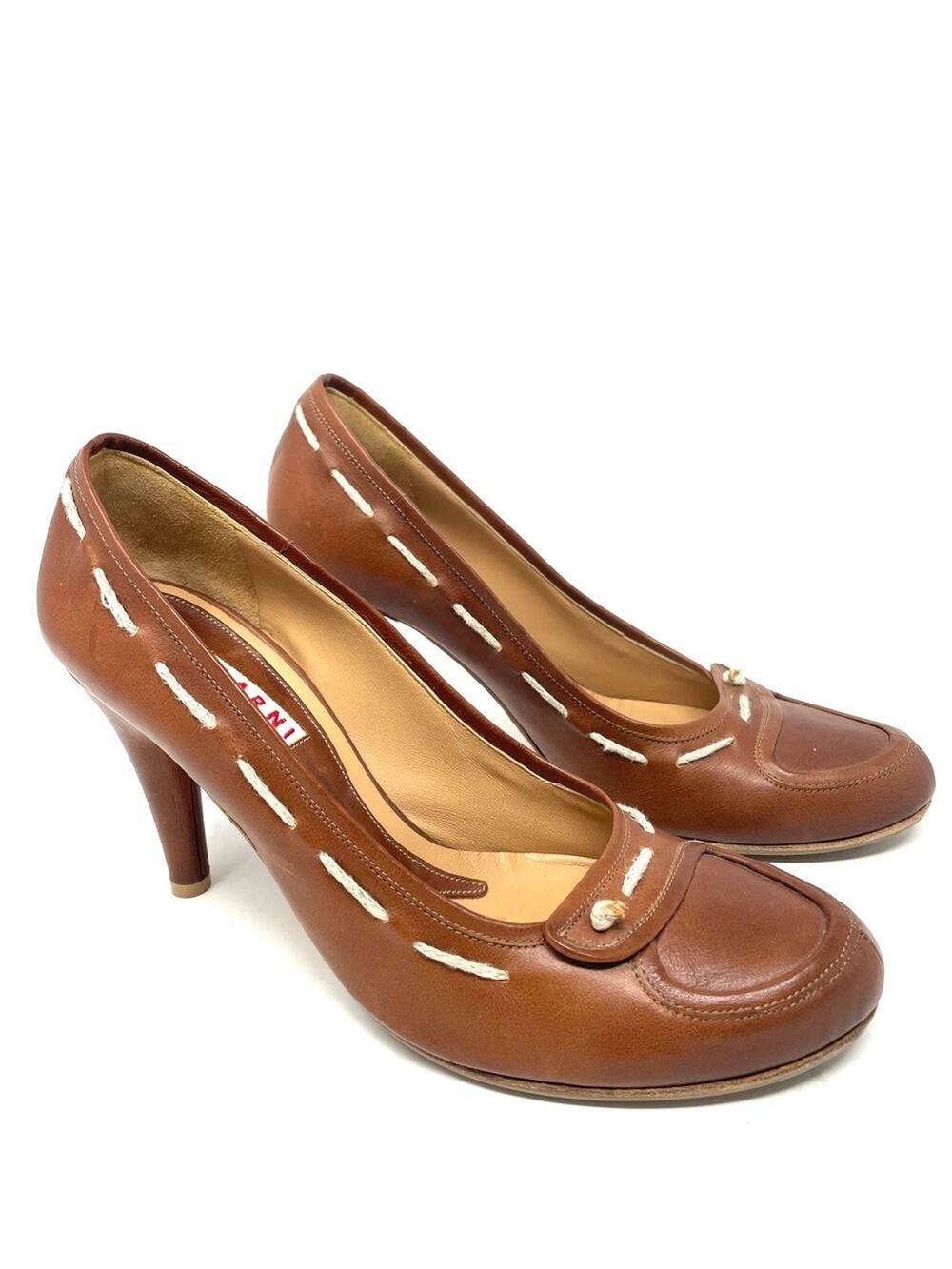 NEW Vintage MARNI Cognac Brown Leather Loafer Pumps Heels, Women's EU 39, US 9